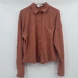 Madeline Monroe Top Women XL Brown Slim Long Roll Tab Sleeve Stretch Button Down